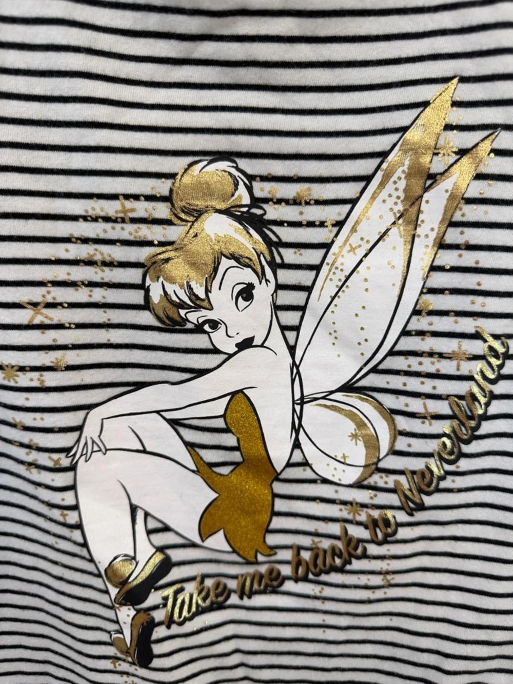 Disney Womens Glitter Gold Tinker Bell Neverland Striped Ringer Tank Top Black L